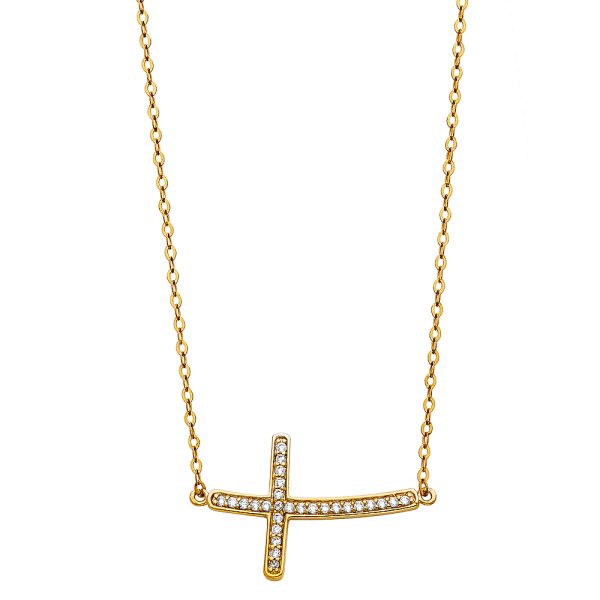 14KY CZ Side Way Cross Necklace