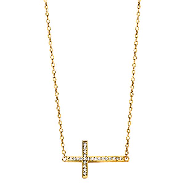 14KY CZ Side Way Cross Necklace