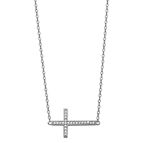 14KW CZ Side Way Cross Necklace