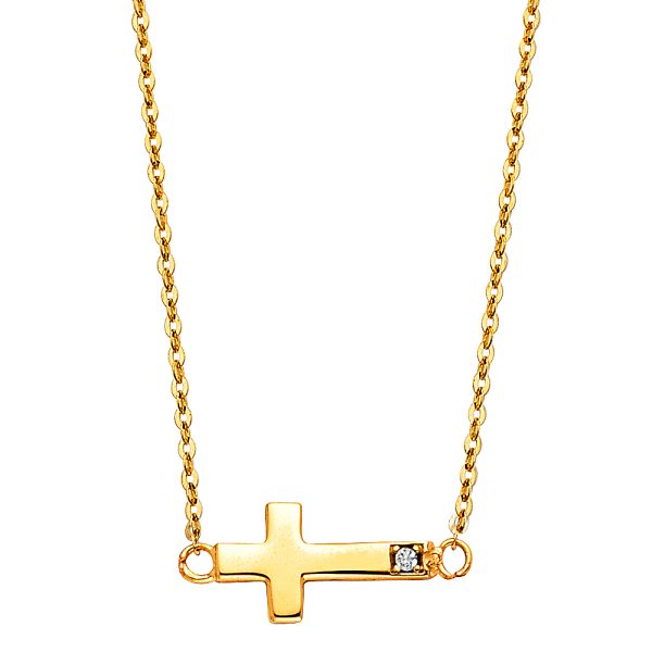 14KY CZ Side Way Cross Necklace