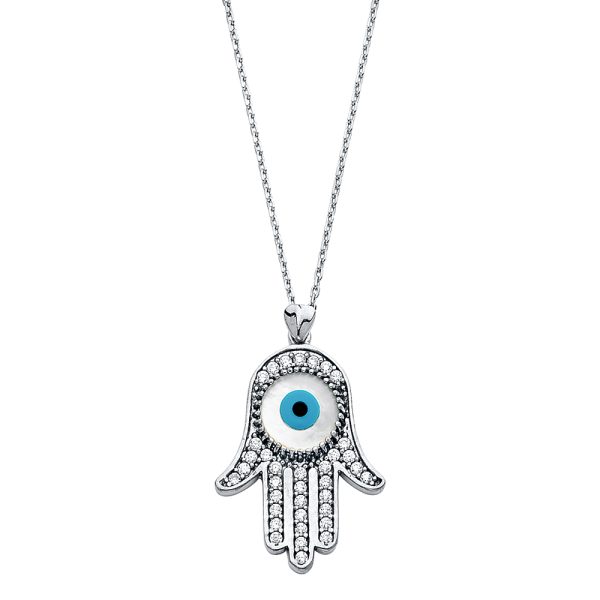 14KW CZ Evil Eye Hamsa Necklace