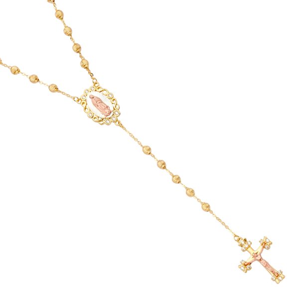 14K 3C 3mm Moon-cut Ball CZ Rosary Necklace