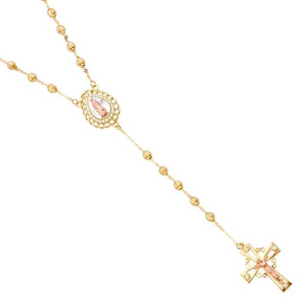 14K 3C 3mm Moon-cut Ball CZ Rosary Necklace