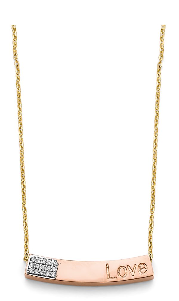 14K 3C CZ Curved Love Pink Bar Necklace