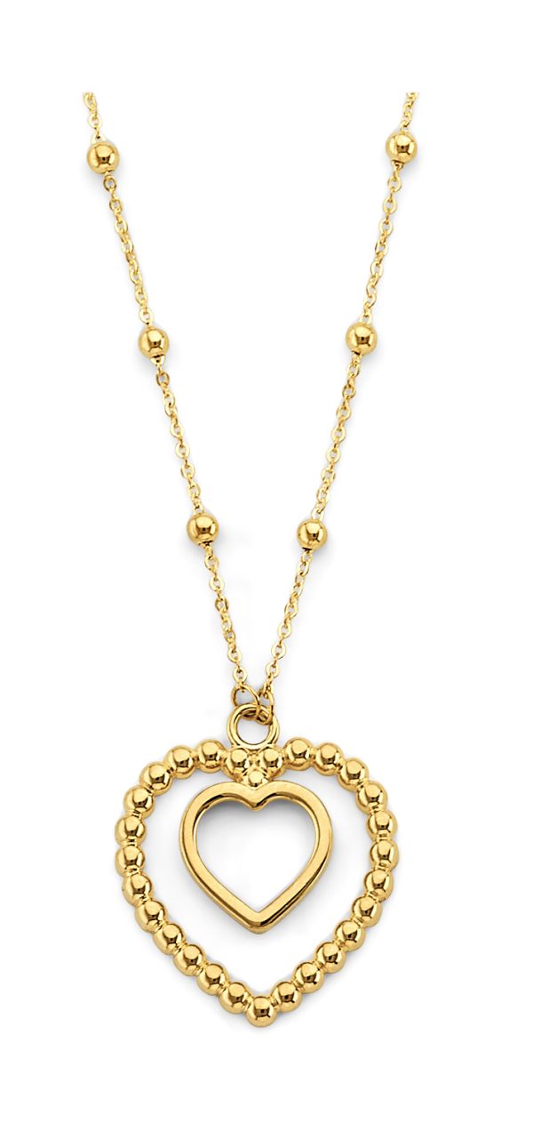 14KY 2 Heart Pendants Bead Necklace