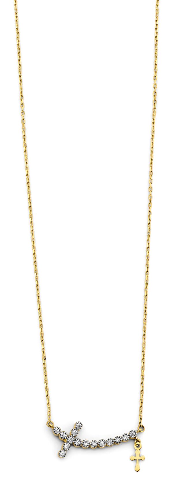 14K 2T Double Cross CZ Necklace