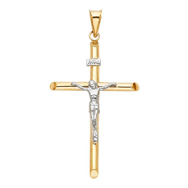 14K 2T Hollow Round Tube Crucifix (25X50mm)