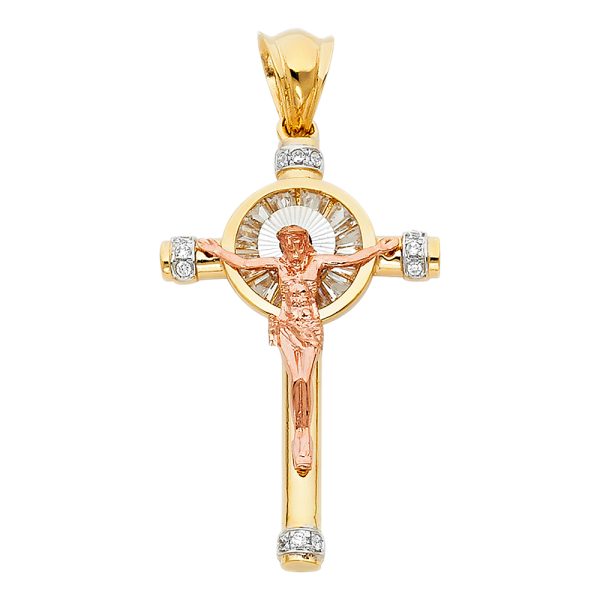 14K 3C CZ Crucifix Pendant