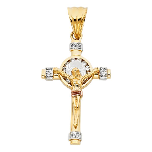 14K 3C CZ Crucifix Pendant