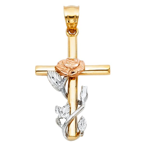 14K 3C Cross with Rose Pendant