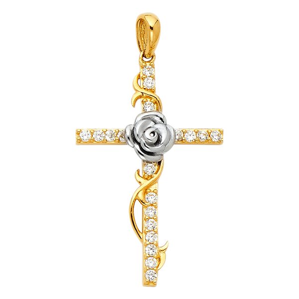 14K 2T CZ Cross with Rose Pendant