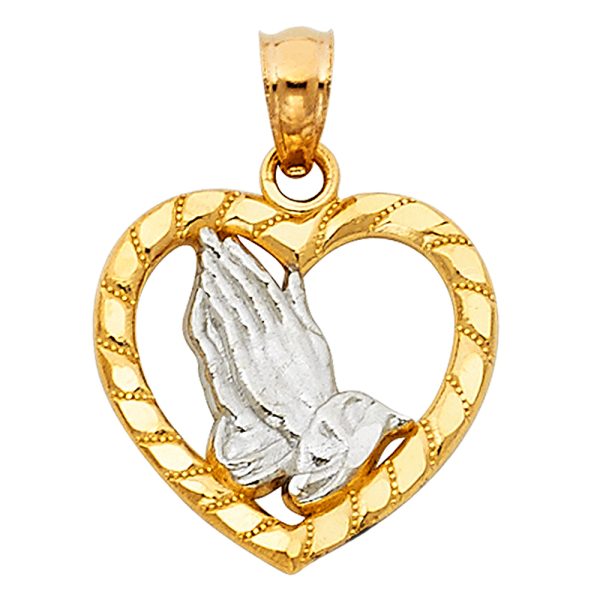 14K 2T Praying Hands in Heart Pendant