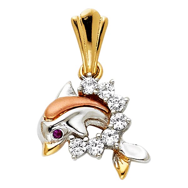 14K 3C CZ Dolphin Pendant