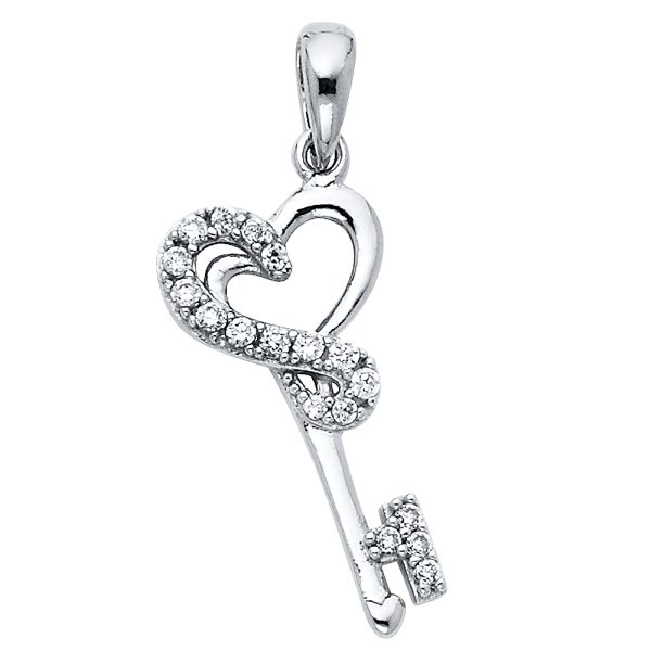 14KW CZ Heart Design Key Pendant