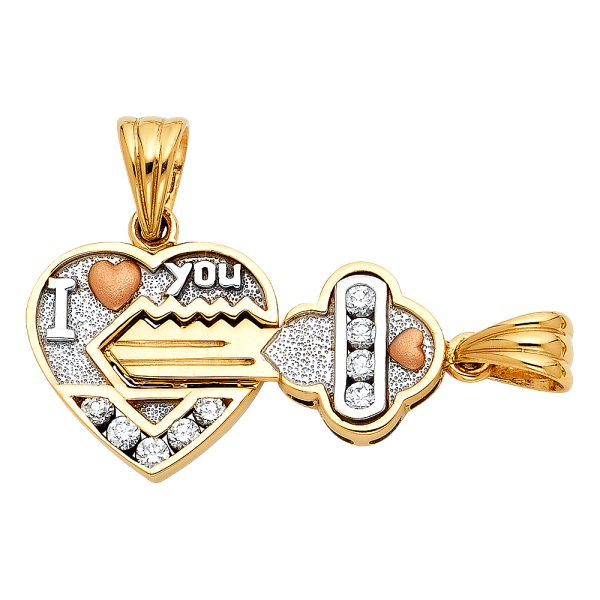 14K 3C CZ Heart & Key Pendant Set