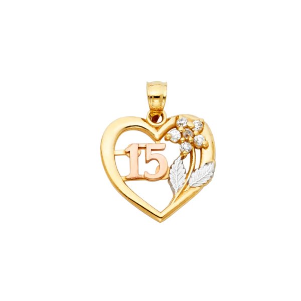 14K 3C CZ 15 Years Heart Pendant