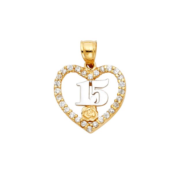 14K 2T CZ 15 Years Heart Pendant