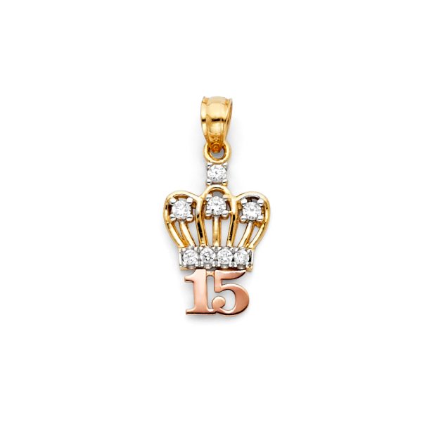 14K 3C CZ 15 Years Crown Pendant