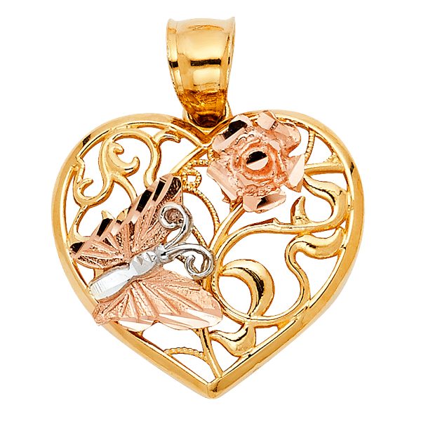 14K 3C Heart with Butterfly Pendant