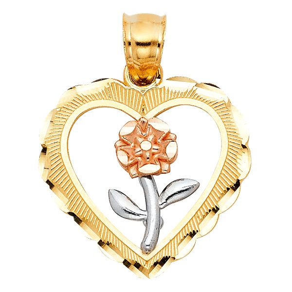 14K 3C Heart with Rose Pendant