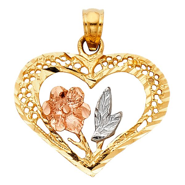 14K 3C Heart with Rose Pendant