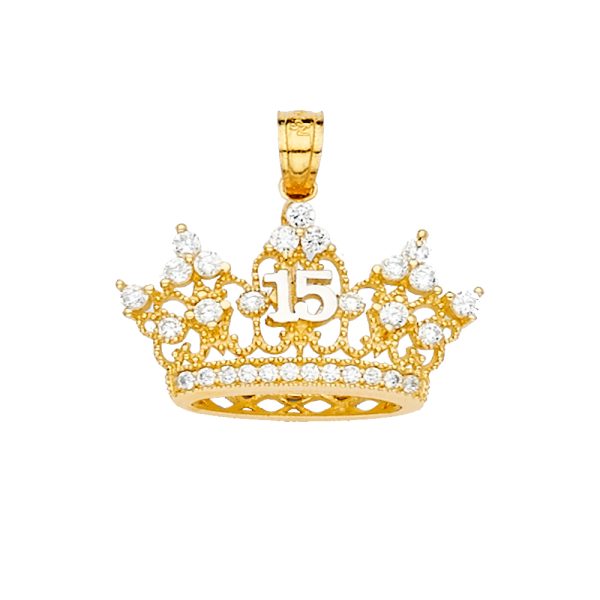 14KY 15 Years CZ Crown Pendant