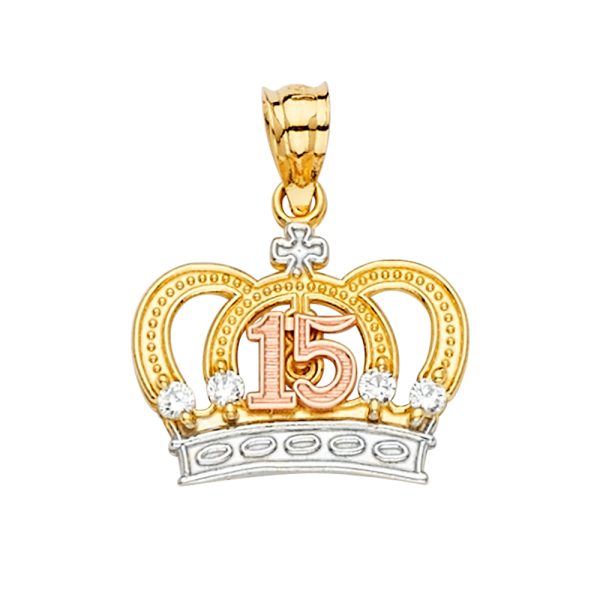 14K 3C 15 Years CZ Crown Pendant