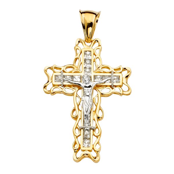 14K 2T CZ Crucifix Cross Pendant