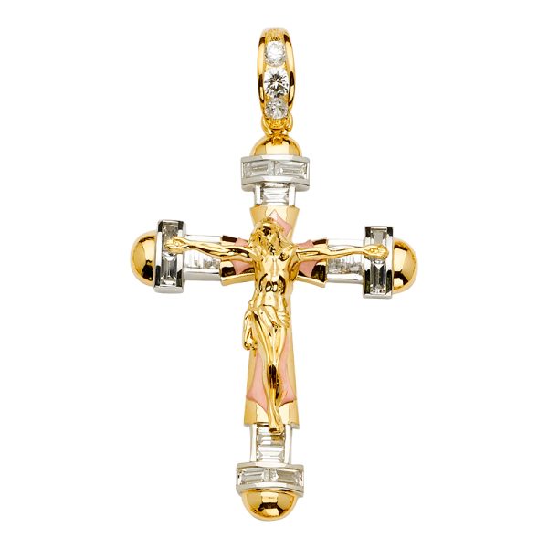 14K 3C CZ Crucifix Cross Pendant