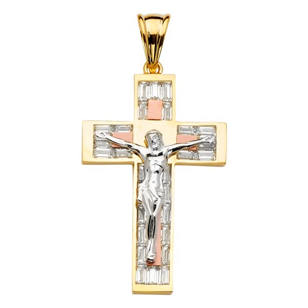 14K 3C CZ Crucifix Cross Pendant