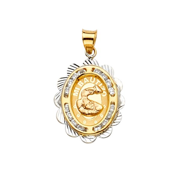 14K 2T CZ Baptism Medal Pendant