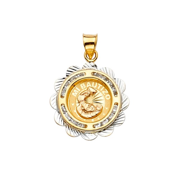 14K 2T CZ Baptism Medal Pendant