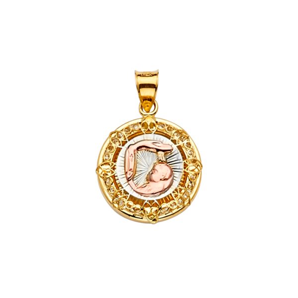 14K 2T CZ Baptism Medal Pendant