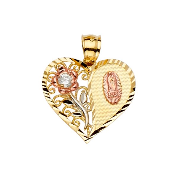 14K 3C Heart Pendant with Flower, Guadalupe