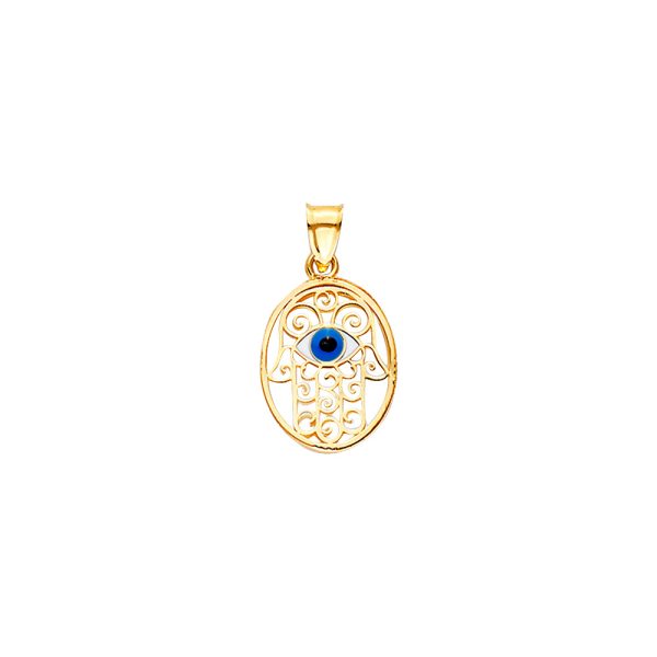 14KY Eveil Eye Hamsa Oval Medal On Mother of Pearl