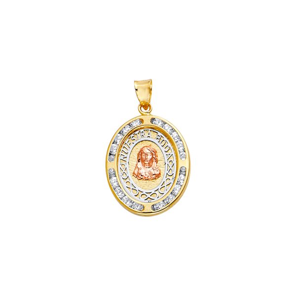 14K 3C CZ Oval Nuestra Boda Pendant with Jesus