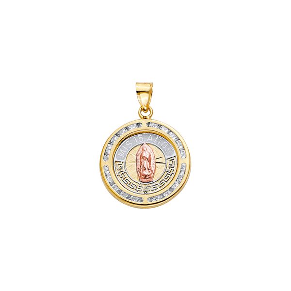 14K 3C CZ Round 15 Anos Pendant with Guadaupe