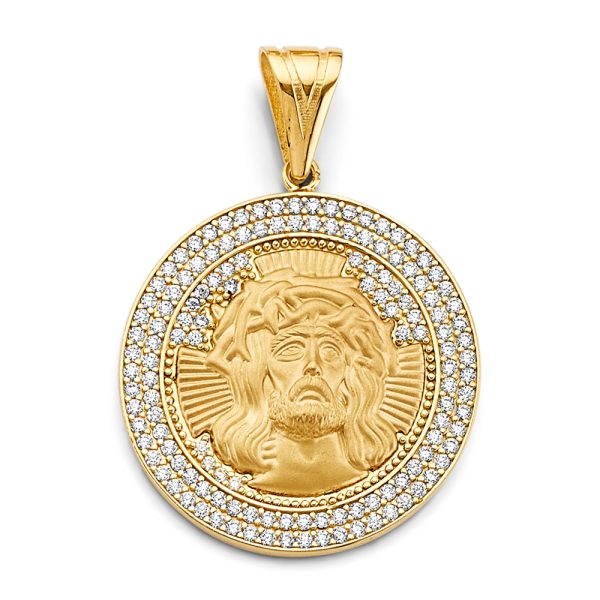 14KY CZ Round Jesus Face Pendant