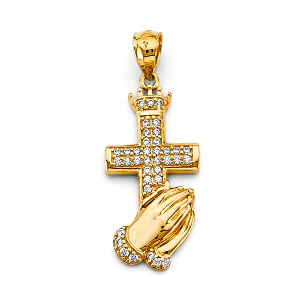 14KY CZ Praying Hand with Cross Pendant