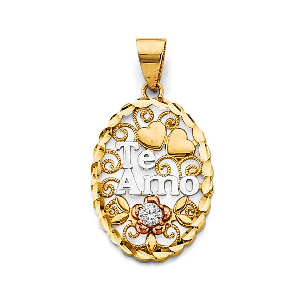 14K 3C CZ Oval Te Amo Pendant