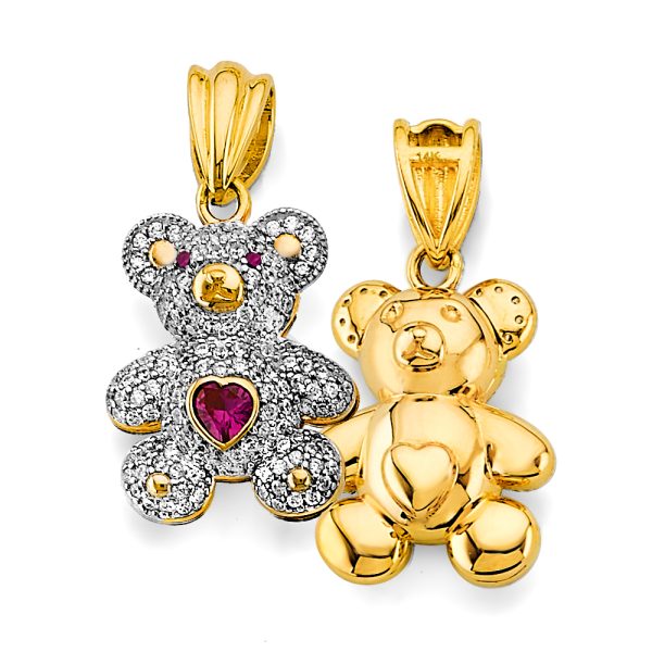 14K 2T CZ Red Heart Teddy Bear Pendant