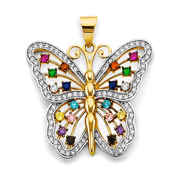 14K 2T Multi Color CZ Big Butterfly Pendant