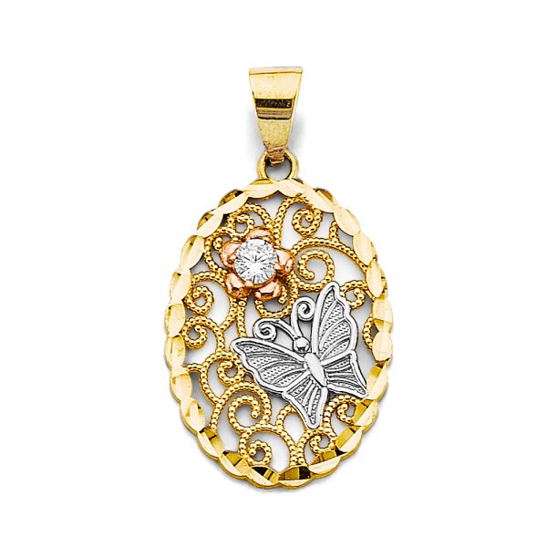 14K 3C CZ Oval Pendant with Butterfly