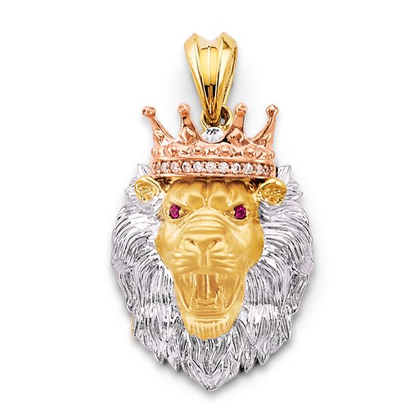 14K 3C CZ Lion Face with Crown Pendant