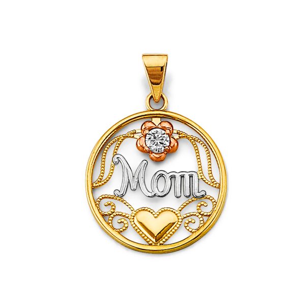 14K 3C CZ Round Mom Pendant