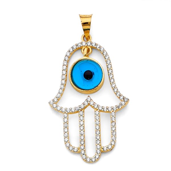 14K 2T CZ Hamsa Hand with Evil Eye Pendant