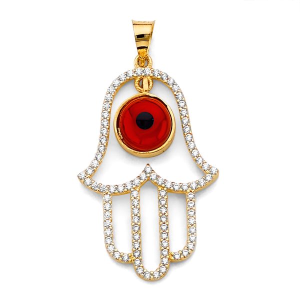 14K 2T CZ Hamsa Hand with Evil Eye Pendant