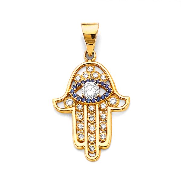 14KY CZ Hamsa Hand with Evil Eye Pendant