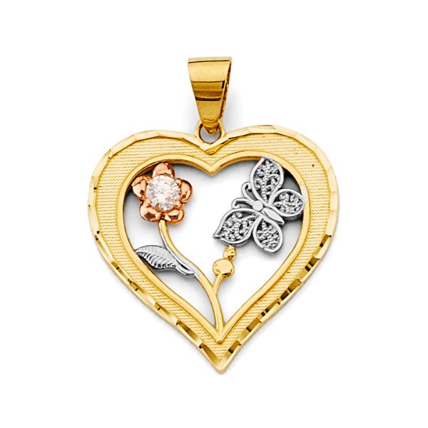 14K 3C Heart with Flower & Butterfly Pendant