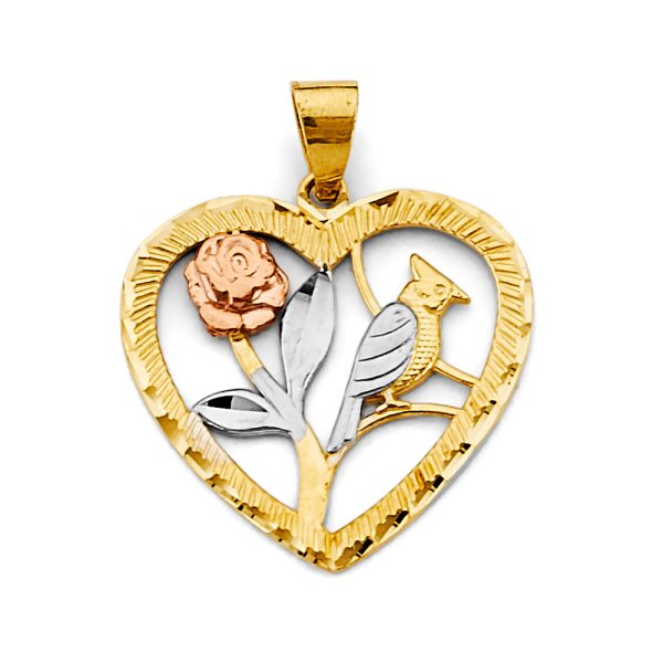 14K 3C Heart with Flower & Bird Pendant